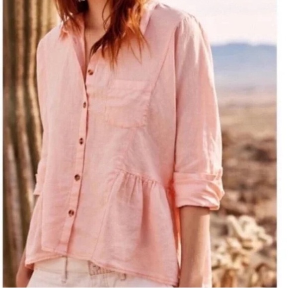 Anthropologie Tops - HOLDING HORSES Anthropologie McKenzie Peach 100% Linen Peplum Button Up Top XS